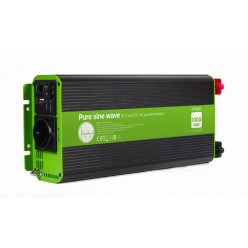 EnerGenie EG-PWC-PS1000-01, 12 V Pure sine wave car DC-AC power inverter, 1000 W, with USB port / 5V-2.1A,  Input: 10-16 VDC (accumulator directly) - Output: 230 VAC +/- 10% at 50 Hz (+/-1Hz), pure sine wave, THD < 3%, 90% efficiency